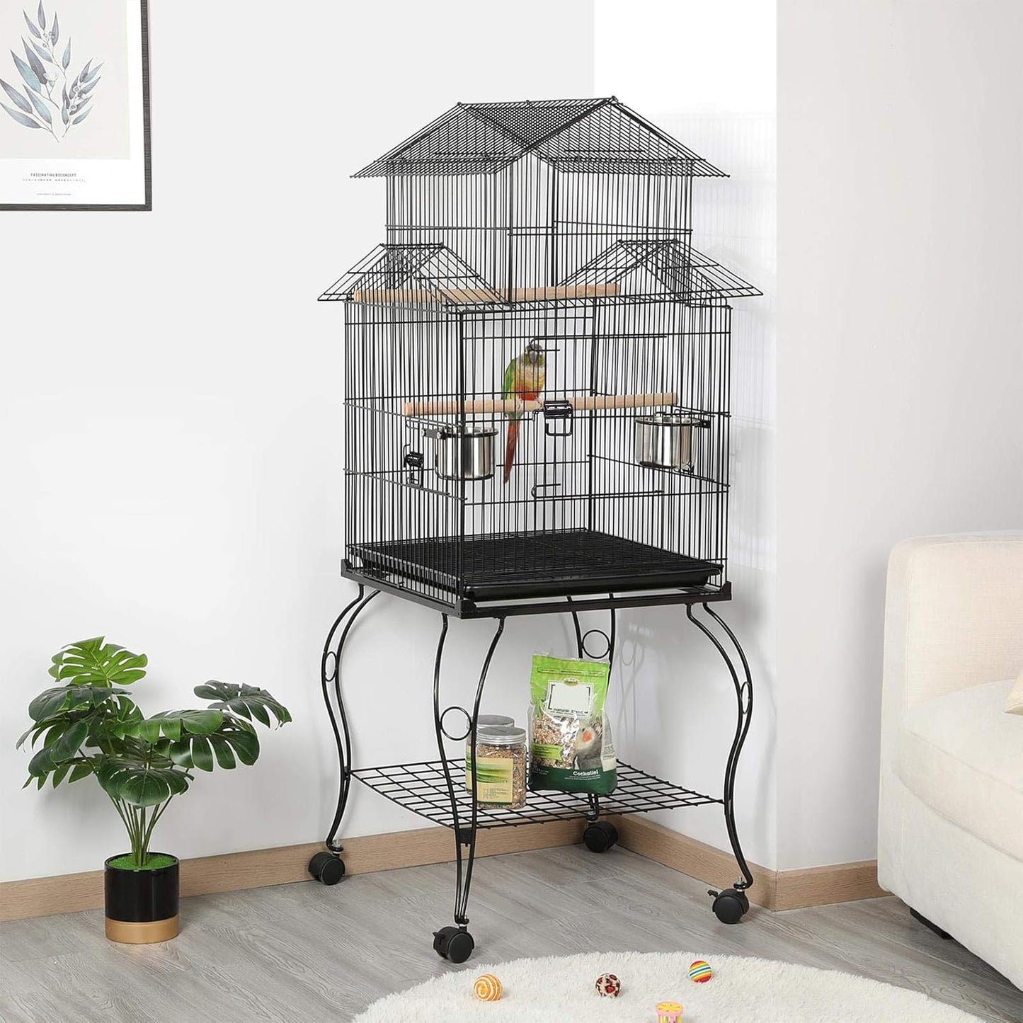 Yaheetech Budgie Cage 55-inch Rolling Standing Triple Roof Medium Parrot Cage Pet Bird Cage with Detachable Stand for Cockatiels Sun Parakeets Green-cheeked Conures Macaw
