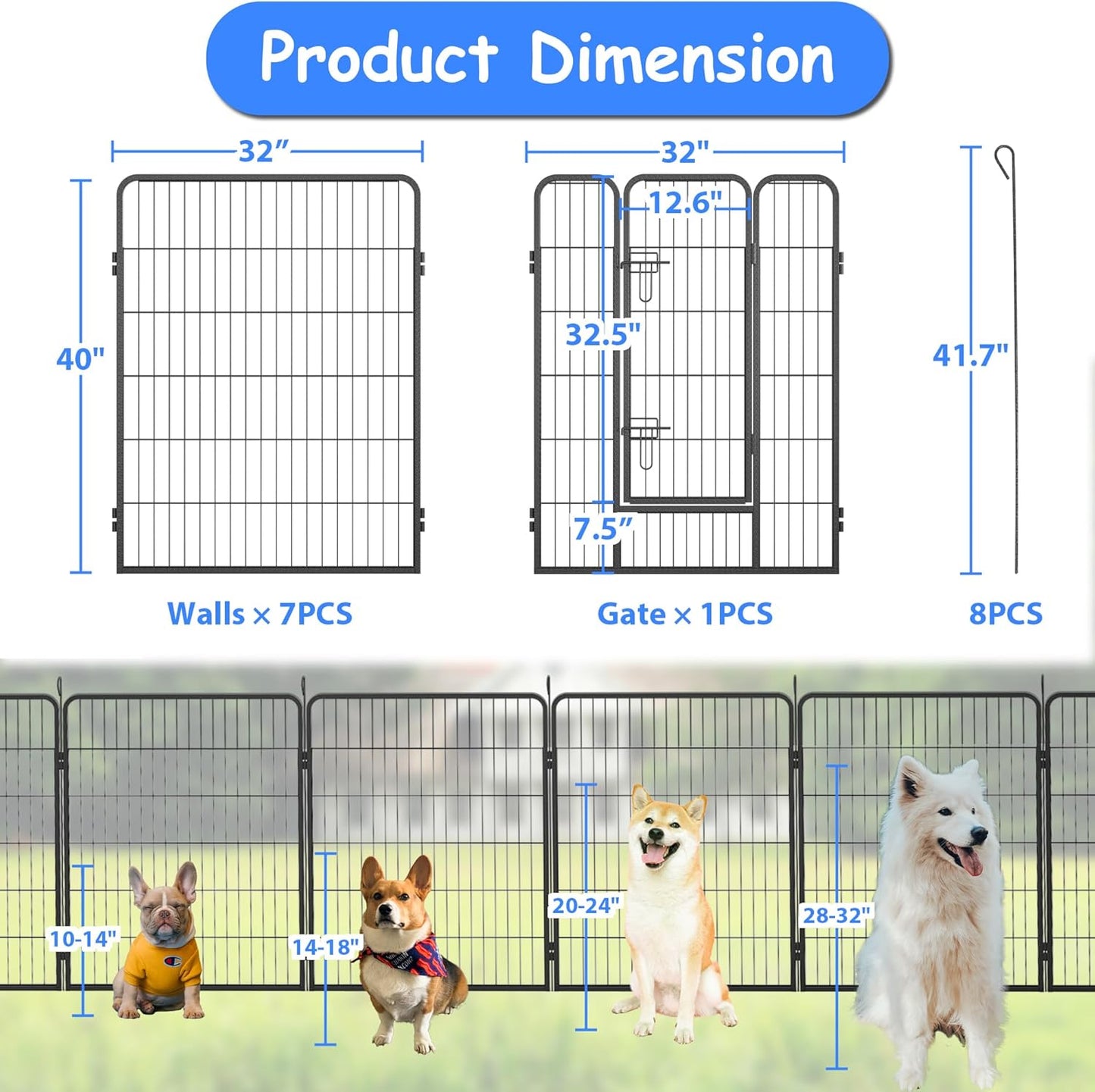Dog Playpen, Outdoor Dog Fence, 8 Panels, 40" H Dog Pen for Medium/Small Dogs, Heavy Duty Metal Pet Fence with Gate, Portable Dog Fence for RV Camping and Yard (Black)