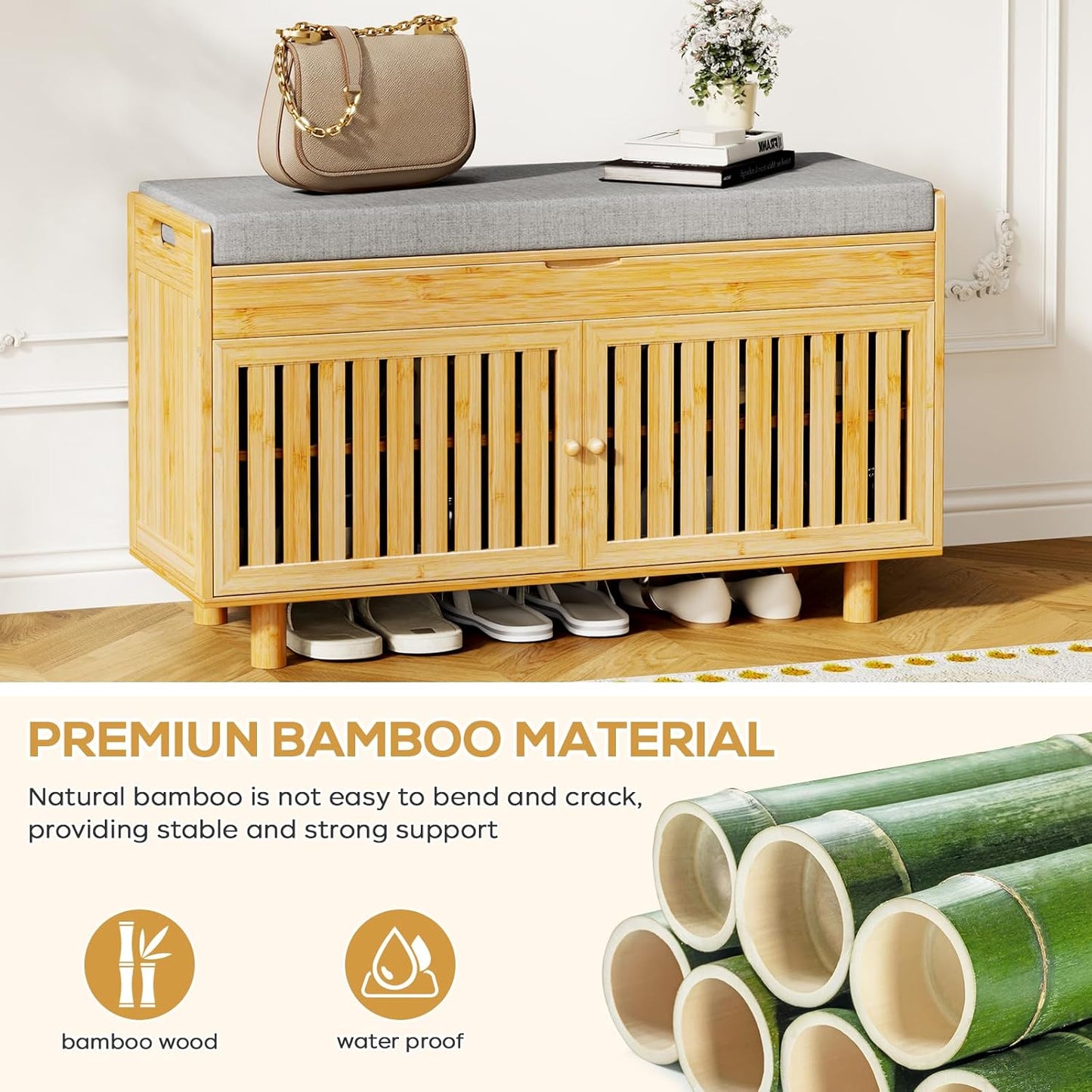 Coat Rack Shoe Bench Set, Bamboo Shoe Storage Bench with Seat Cushion & 5 Hooks, Hall Tree Entryway Bench with Lift Top Hidden Storage, 35.4" W x 12.6" D x 19.7" H, for Entryway, Living Room, Bedroom