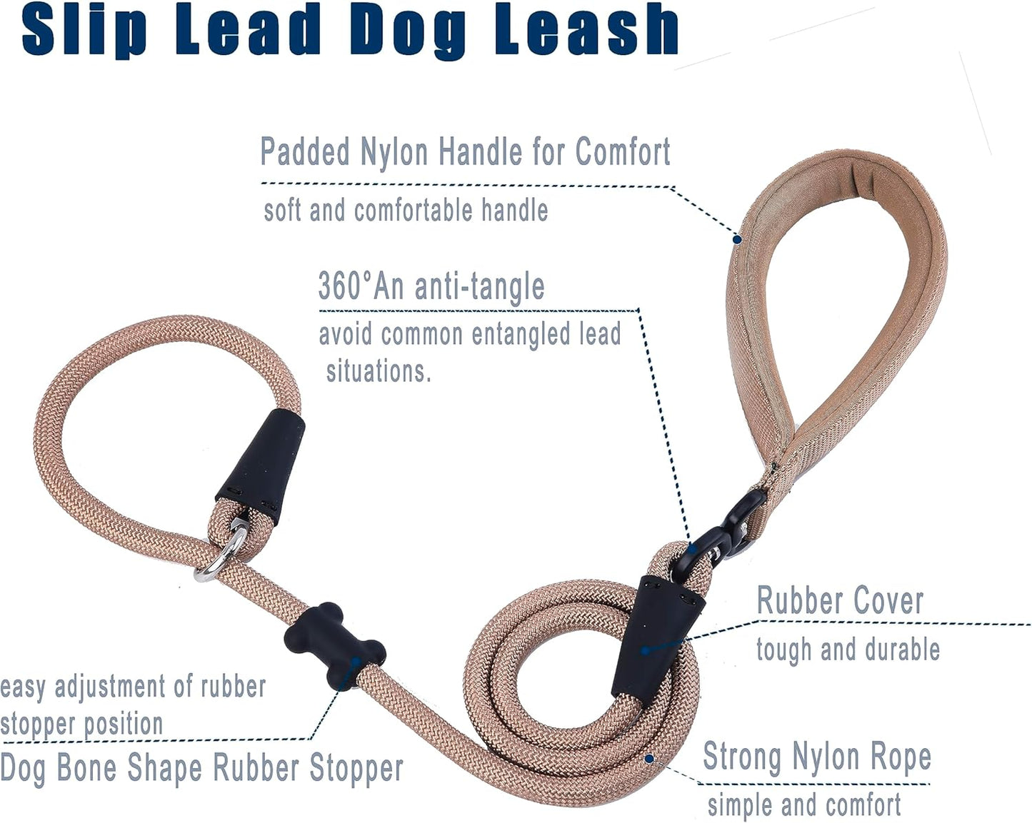 Slip Lead Dog Leash,Strong Nylon Rope Leash and Padded Handle,No Pull Outdoor Walking Training Lead for Small Medium Large Dogs(Light Military Tan, 1/2"×4ft)