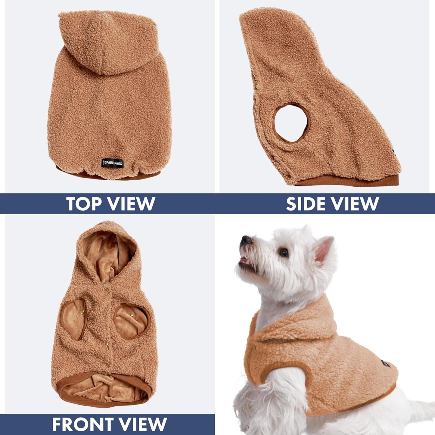 Spark Paws Teddy Dog Sweater, Sherpa Jacket Vest with Warm Fleece Lining, Winter Coat Suitable for Small Medium Large XL XXL Breeds - Brown - L