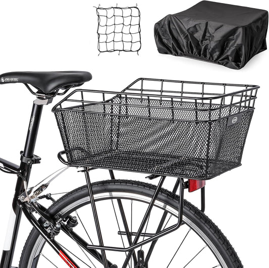 Rear Bike Basket - Large Bicycle Rear Basket with Cargo Net and Waterproof Cover, Wire Bike Baskets Rear Large Capacity (NO Bike Rack Include)