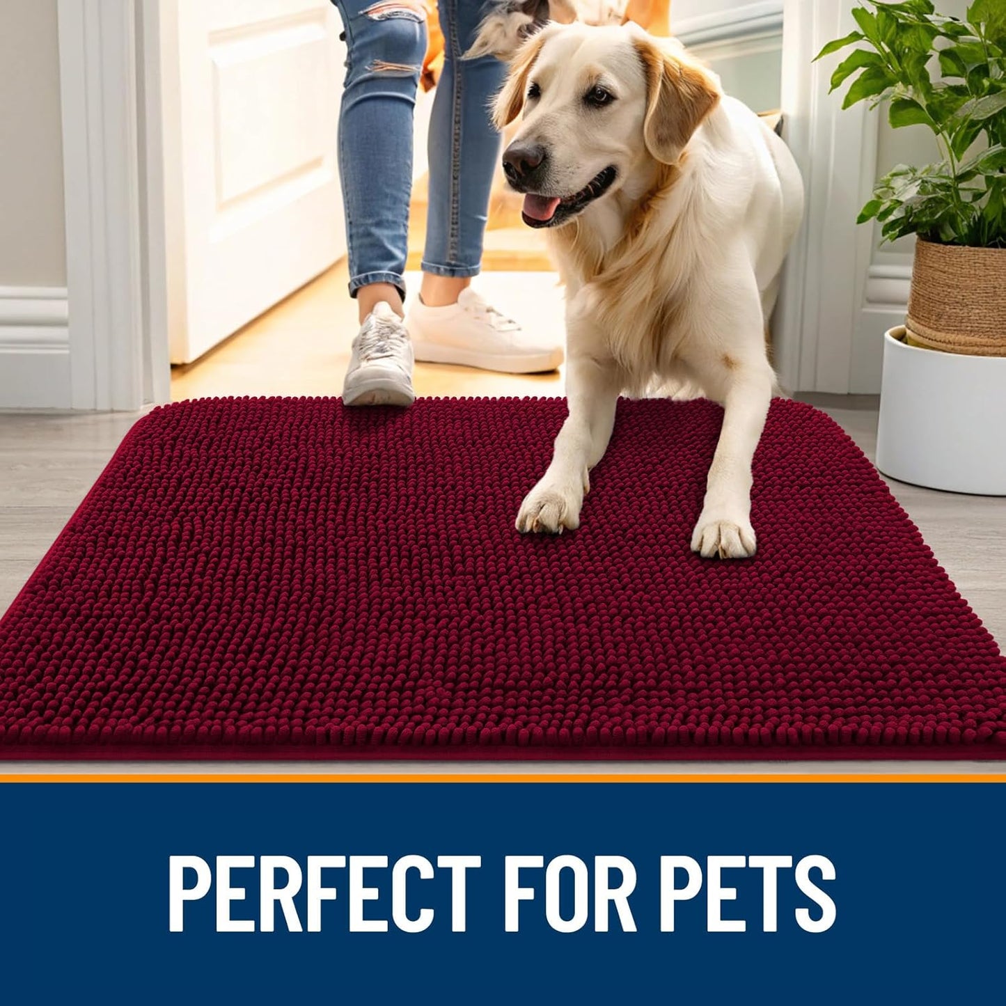 OLANLY Dog Door Mat for Muddy Paws 70x35, Absorbs Moisture and Dirt, Absorbent Non-Slip Washable Doormat, Quick Dry Chenille Mud Mat for Dogs, Entry Indoor Entryway Carpet for Inside Floor, Burgundy