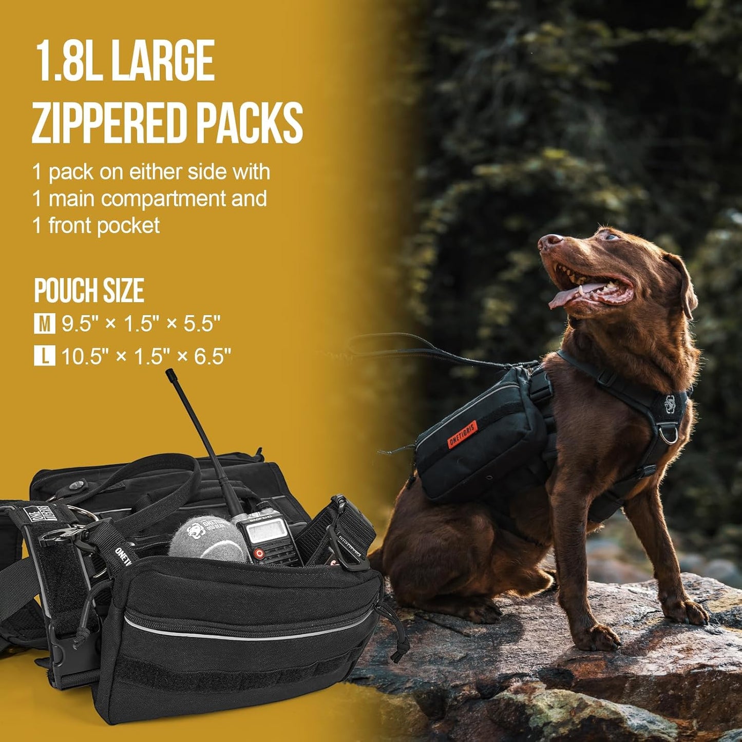 Onetigris Dyno Outdoor Dog Harness With Pockets, Front Range Pack, Backpack With Handles, Saddle Bag Hiking Vest, Tactical Service Canine EDC Pack Set