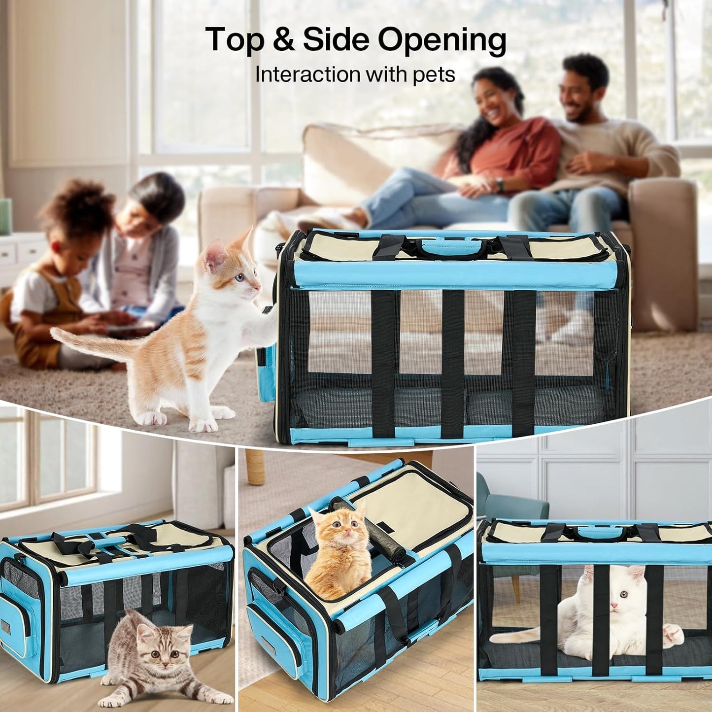 MILADA Large Cat Carrier for 2 Cats, Soft Big Pet Carrier with Wheels, Double Cat Carrier on Wheels, Rolling Pet Carrier for Travel Hiking Shopping and Camping(Not for Air Travel), Blue