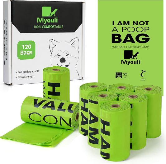 100% Certified Compostable Dog Poop Bag Rolls, 120 Bags (8 Rolls) Eco-Friendly Poop Bags for Dogs, Leak Proof Unscented Easy Open Poop Waste Bag(Green)