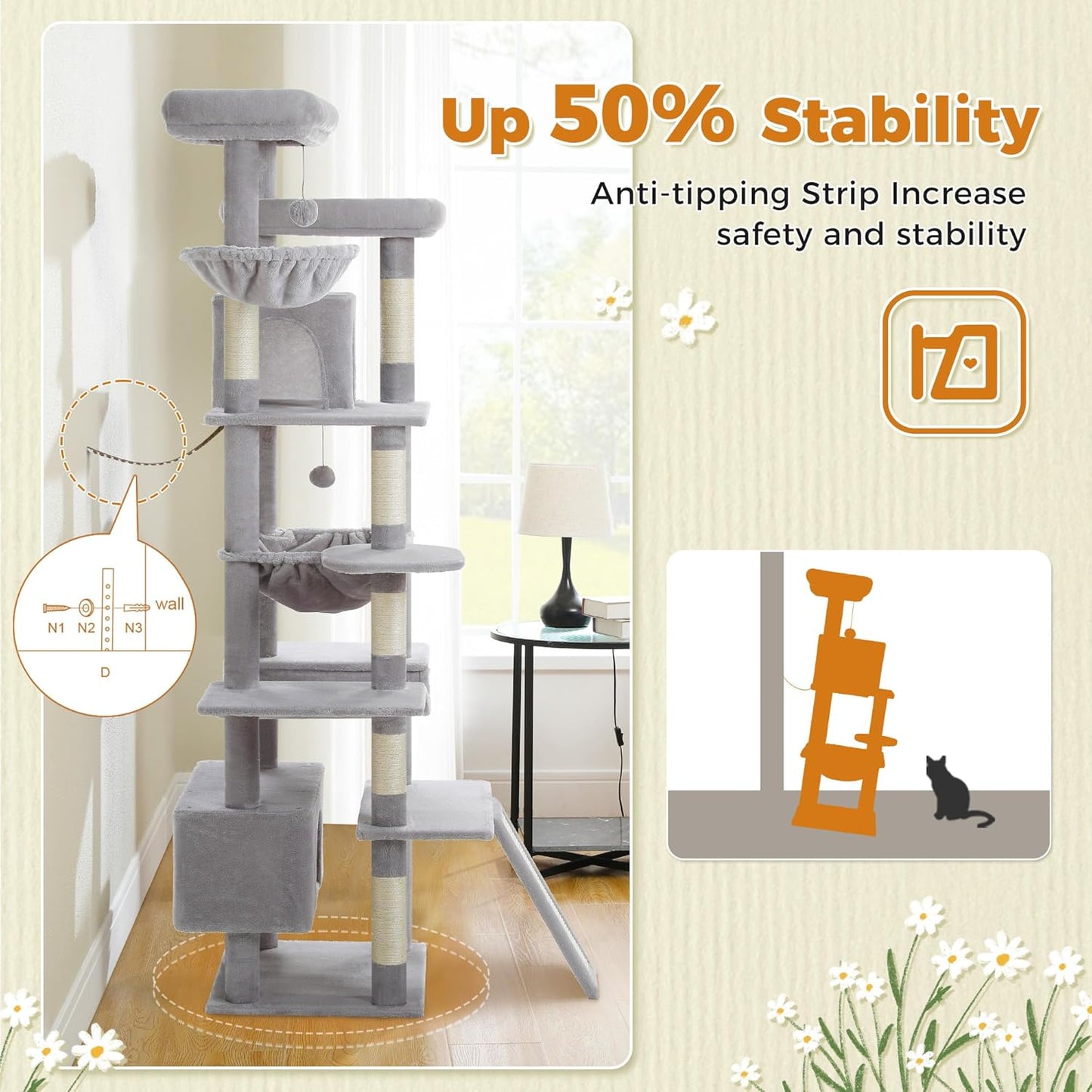 81 Inches Tall Cat Tree for Indoor Cats Large Adult - Heavy Duty Multi-Level Cat Tower with Large Metal Frame Hammock, Scratching Pad, 2 Top Perches, 2 Cozy Condos & 6 Scratching Posts - Gray