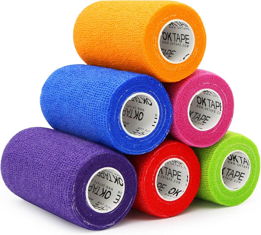 OK TAPE Self Adherent Cohesive Bandages Wrap - 6Packs, 4" x 5 Yards, Non-Woven Self Adhesive Bandage Wrap for Thumb, Finger, Wrist, Ankle, Vet Wrap Bandages Tape (Mixed Colors)