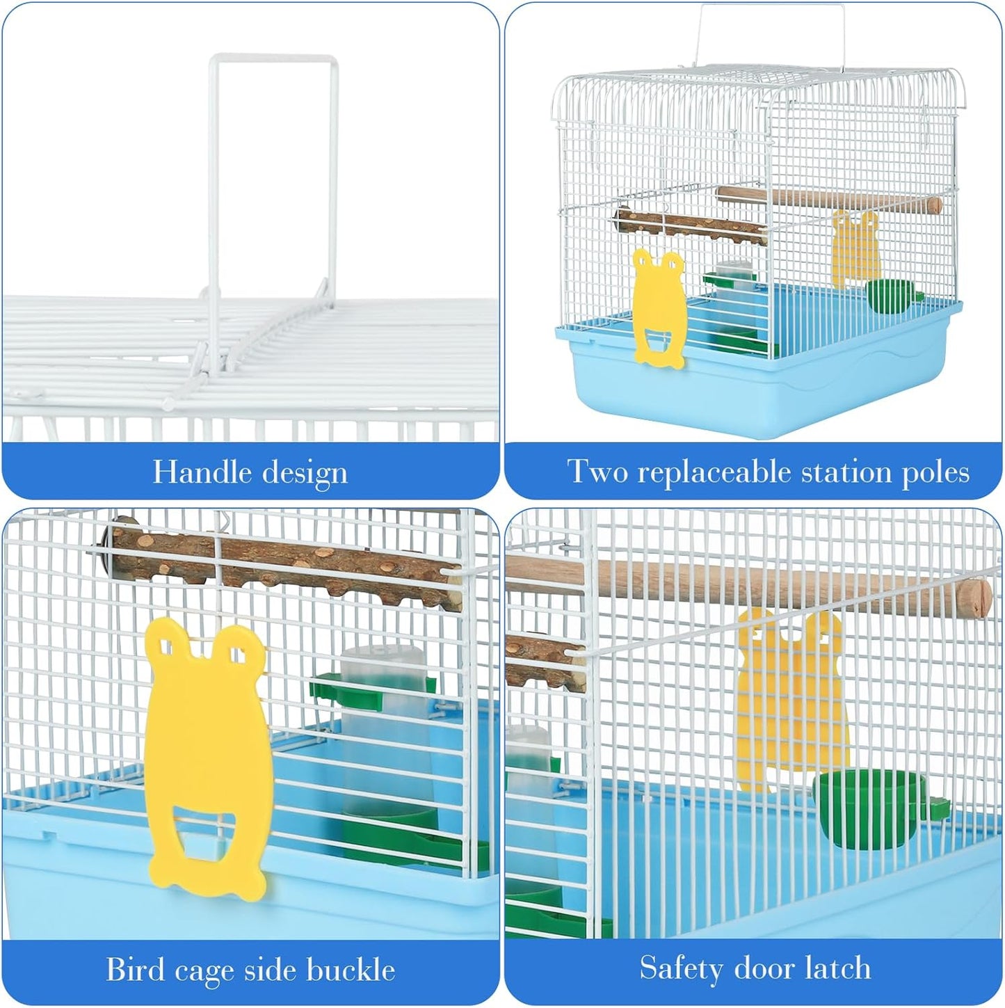 Small Bird Cage, Lightweight for Parakeets, Hanging for Parrot, Travel for Cockatiel, Outdoor Budgie, Pet Products Flat Top Economy Small Animal Cage with Stand Accessories with White Wire, Blue