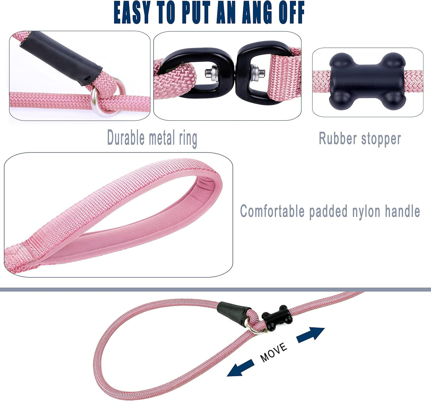 Slip Lead Dog Leash,Strong Nylon Rope Leash and Padded Handle,No Pull Outdoor Walking Training Lead for Small Medium Large Dogs (Pink, 1/2"×4ft)