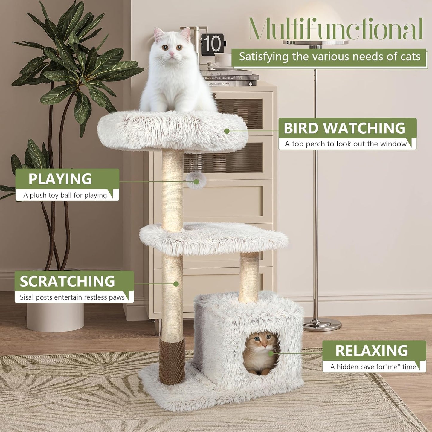 KAMABOKO 41" Tall Modern Cat Tree - Wooden Cat Tower with Cat Condo, Hammock & Top Perch, Cute Wood Cat Tree Natural Sisal Posts for Climb Scratch Play Rest