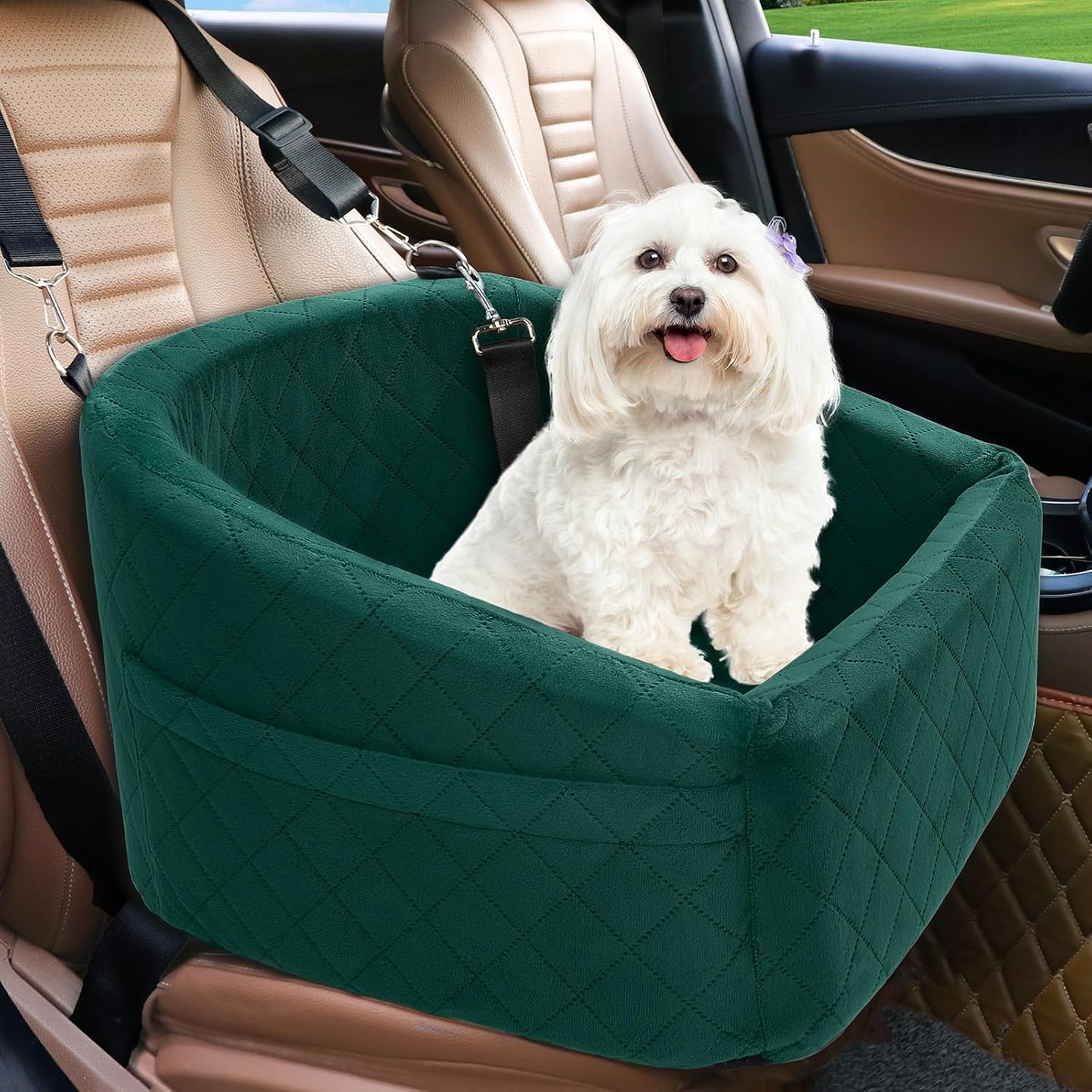 Dog Car Seat for Small Medium Dogs,Detachable Washable Dog Booster Seat Under 30lbs, Pet Car Seats Travel Bed with Storage Pockets and Safety Belt(Green)