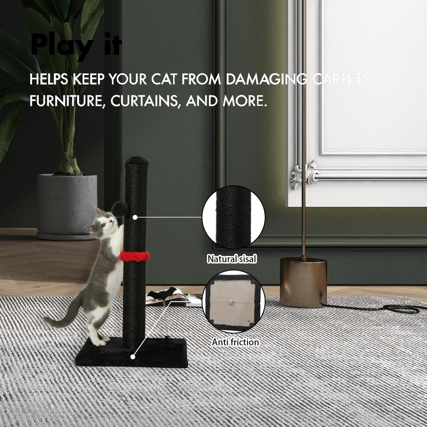 MECOOL Cat Scratching Post Premium Sisal Scratch Posts with Hanging Ball Vertical Scratcher for Indoor Cats and Kittens,Black