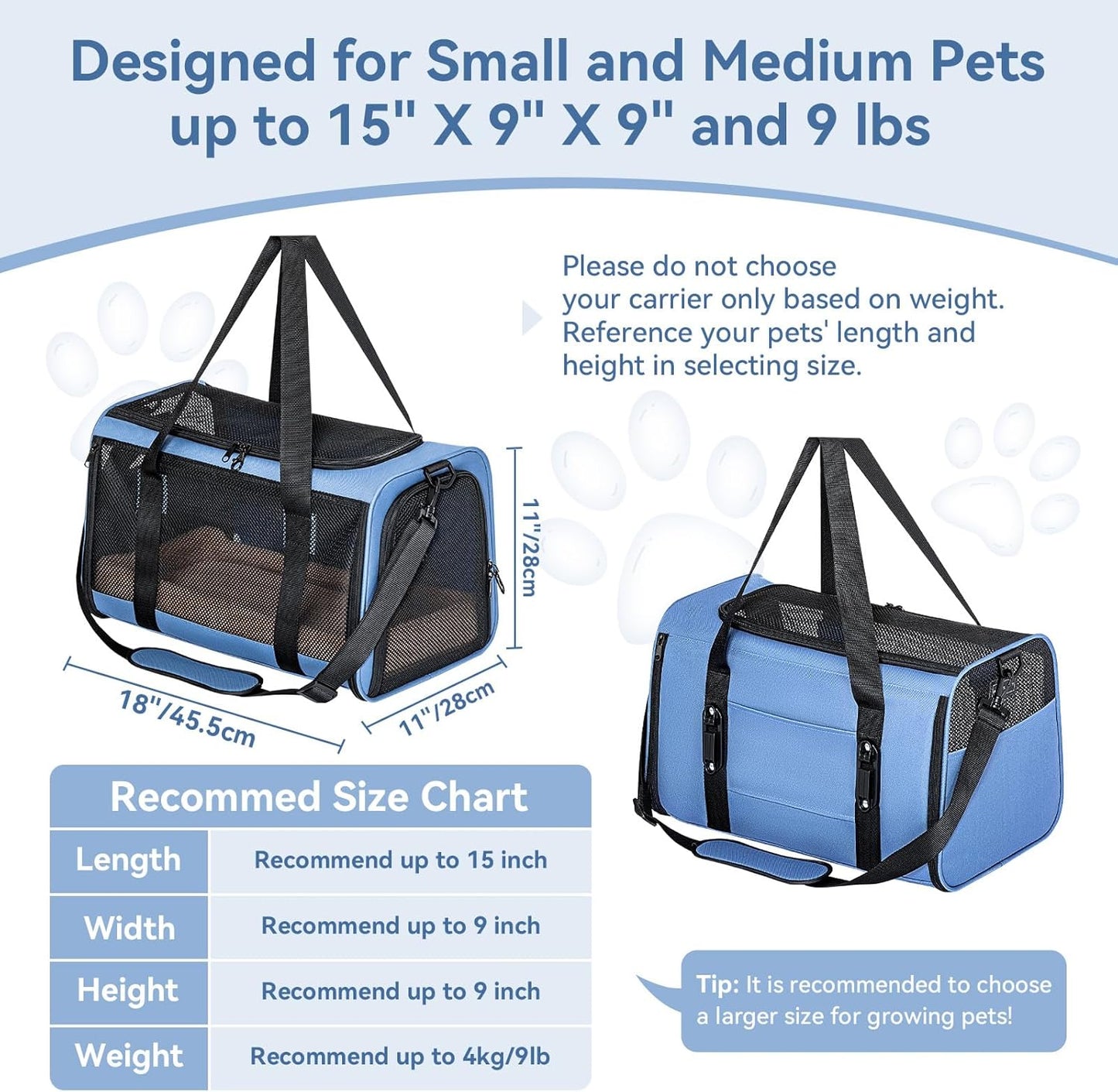 PETSFIT Soft-Sided Cat Carriers & Car Seats with Patent Safe Buckles, Clip-On Harness,18"x11"x11" Airline Approved Pet Carrier - 9 lbs Capacity (Blue)
