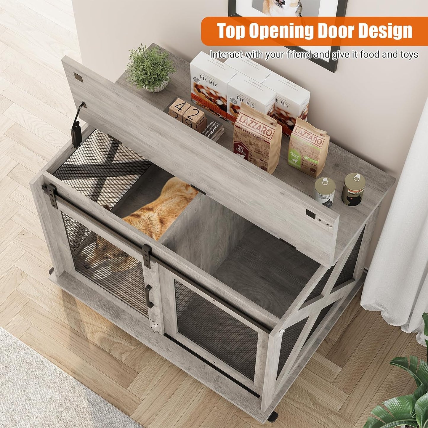 Dog Crate Furniture,37 Inch Indoor Dog Cage with Sliding Barn Door, Flip Top Dog Kennel End Table with Removable Divider, Farmhouse Wooden Pet House for Small to Middle Size Dogs
