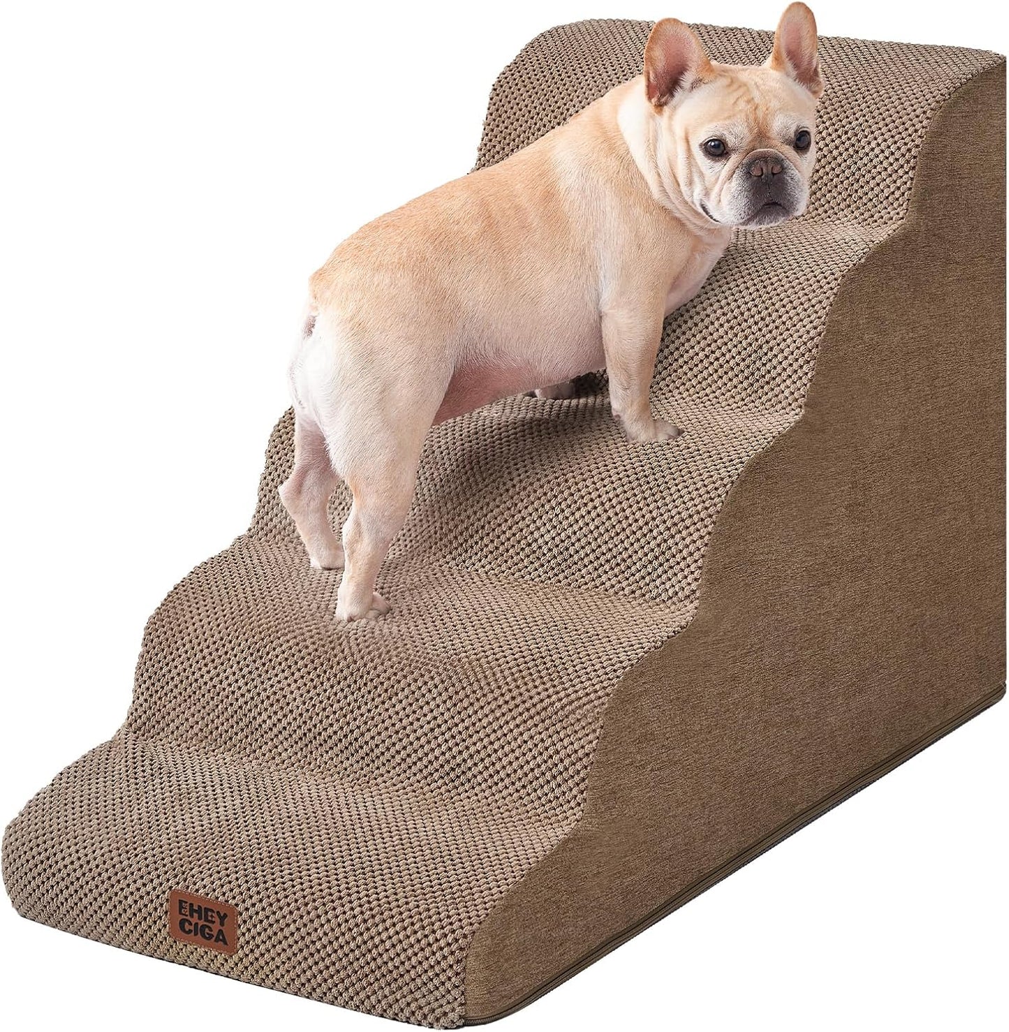 EHEYCIGA Curved Dog Stairs Ramp for High Beds, 5-Step Extra Wide Dog Steps for Small Dogs and Cats, Pet Stairs for High Bed Climbing, Non-Slip Balanced Pet Step Indoor, Camel