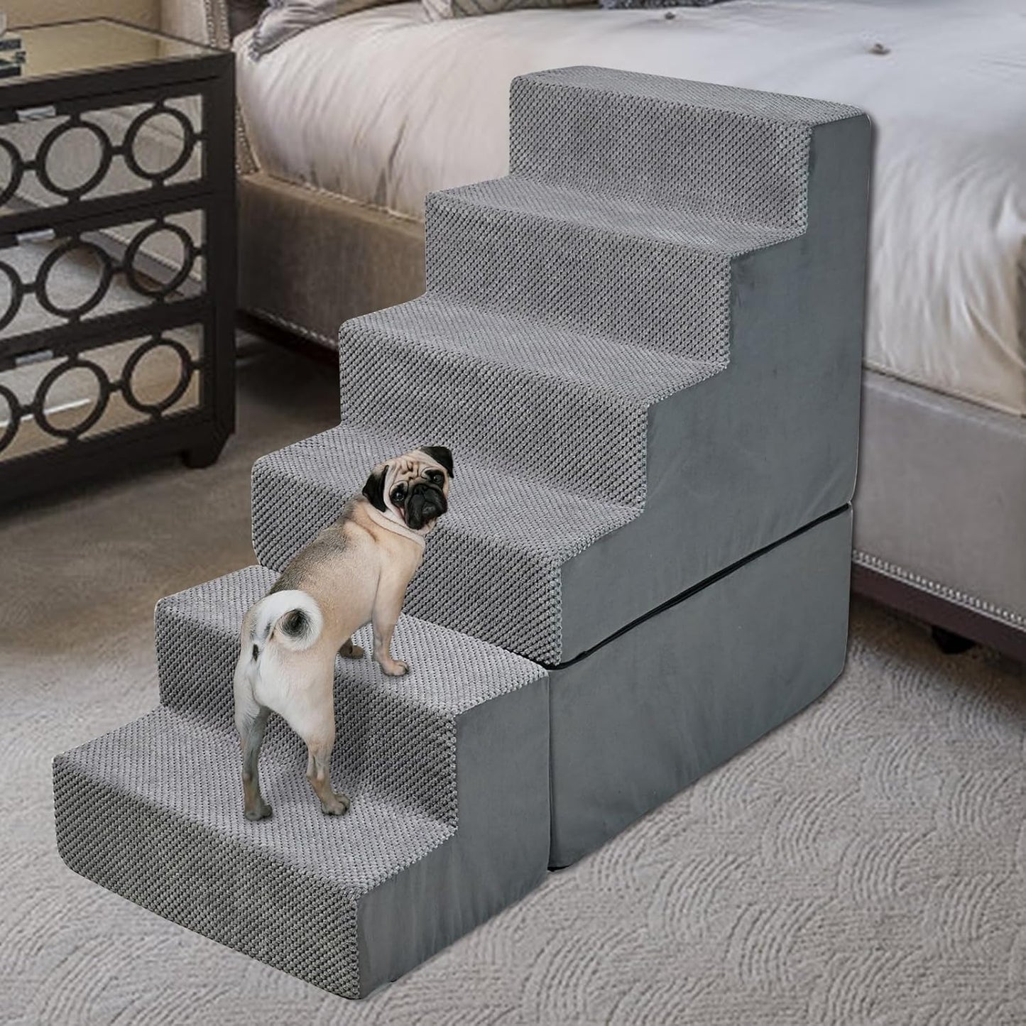 Dog Stair Steps for High Beds 30 inches Tall, 33D Foam Dog Ramp for Bed 30-32 inches, 6-Step Pet Stair Steps for Small Large Dogs for Bed Climbing, Non-Slip Dog Steps for Older Dogs/Cats, Grey
