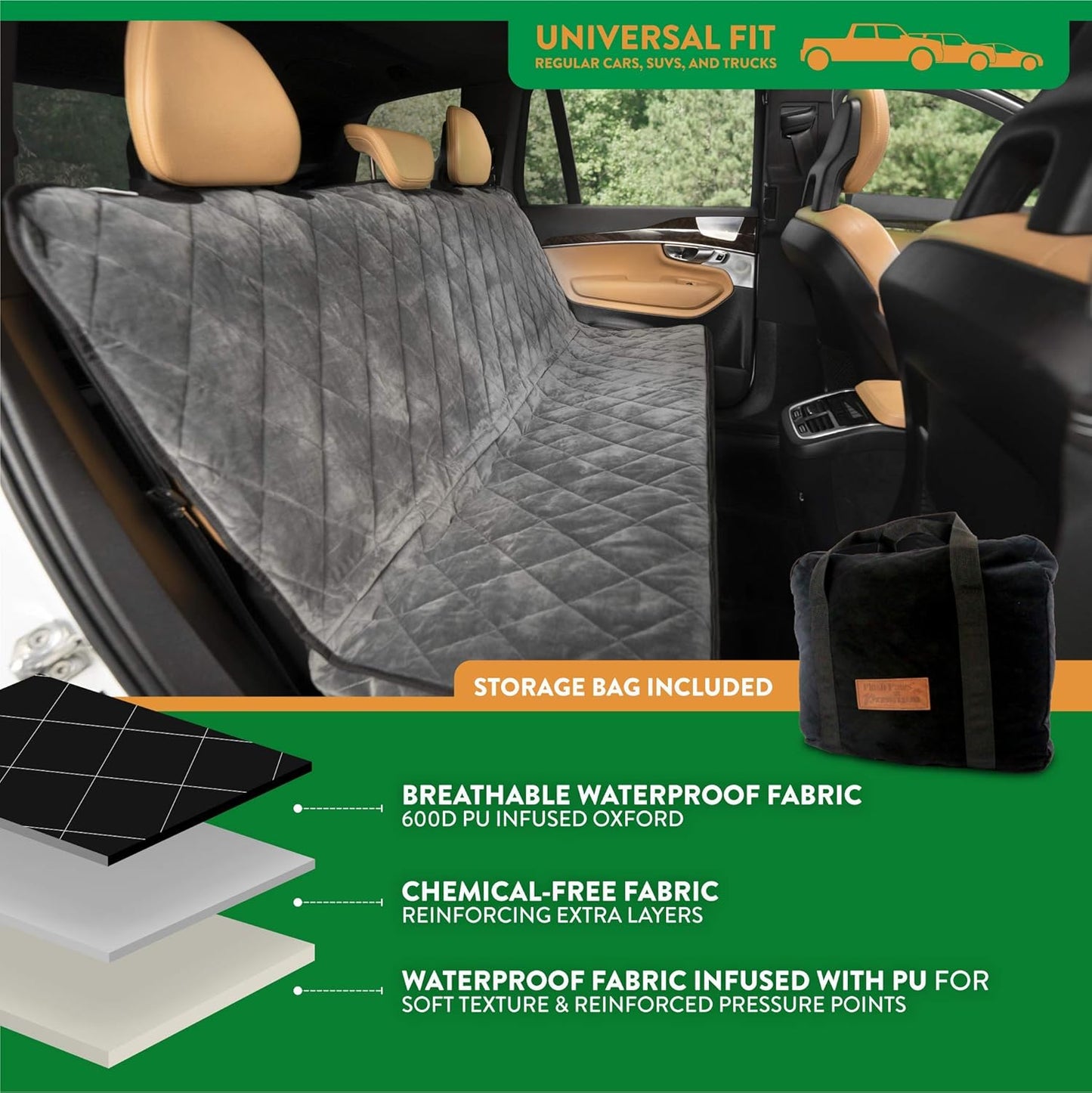 Plush Paws Products Velvet Rear Car Seat Protector w/o Hammock | Washable & Waterproof Back Seat Dog Cover for Car, Truck, & SUV | Nonslip, Tear Resistant Pet Seat Cover | X-Large London Grey