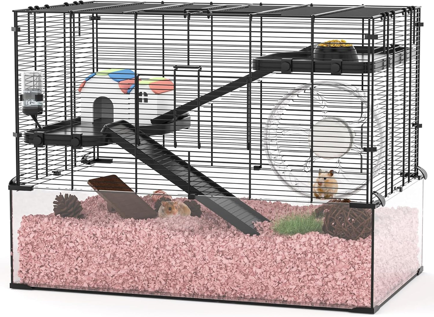 3-Tier Glass Hamster Tank, Large Hamster Cage Habitat with 11inch Big Running Wheel for Rat, Mouse, Gerbil, Syrian Hamster, 590 SQ INCHES