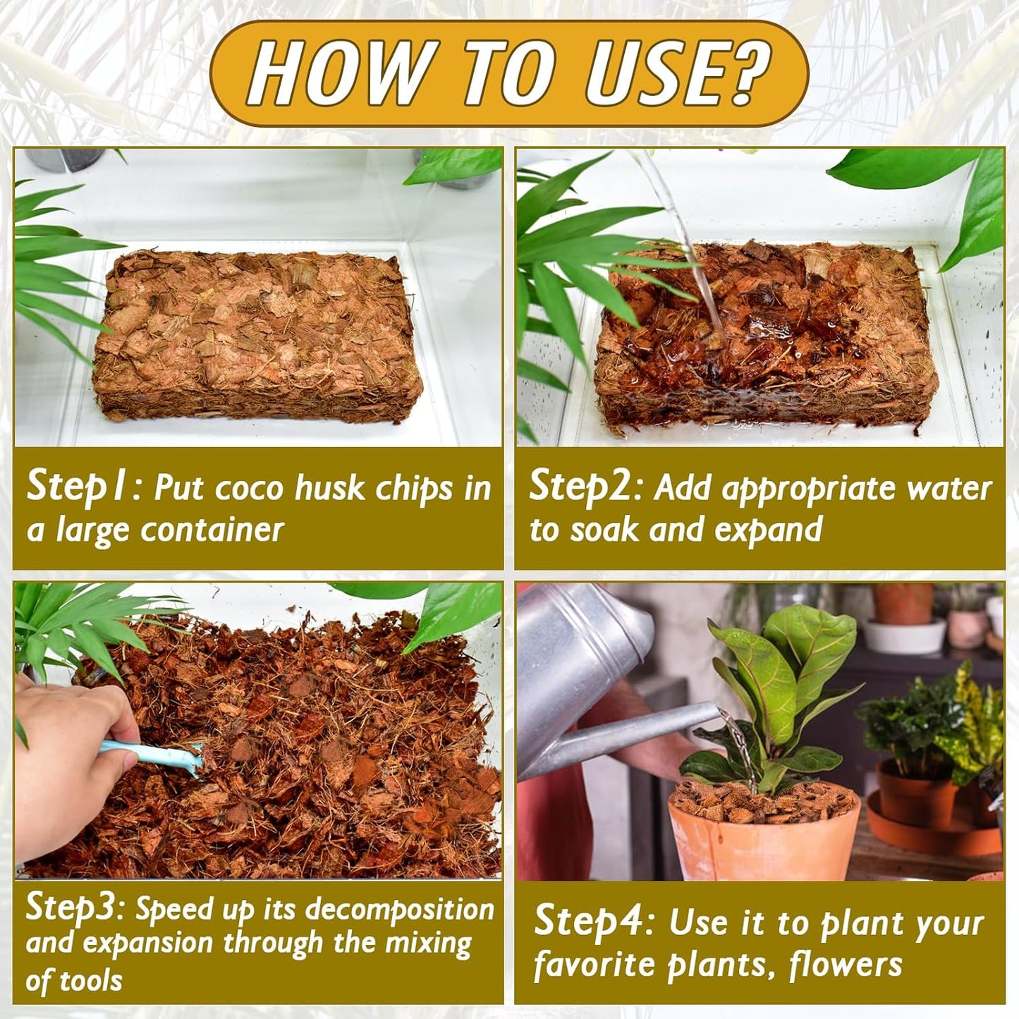 Zeedix 4 Pack Coco Husk Chips for Plants(4.4LB), 100% Organic Coconut Chips Mulch with Low EC & PH Balance, All Purpose for Indoor Plant Flowers Herbs Vegetables, Reptiles Terrarium Tanks Substrate