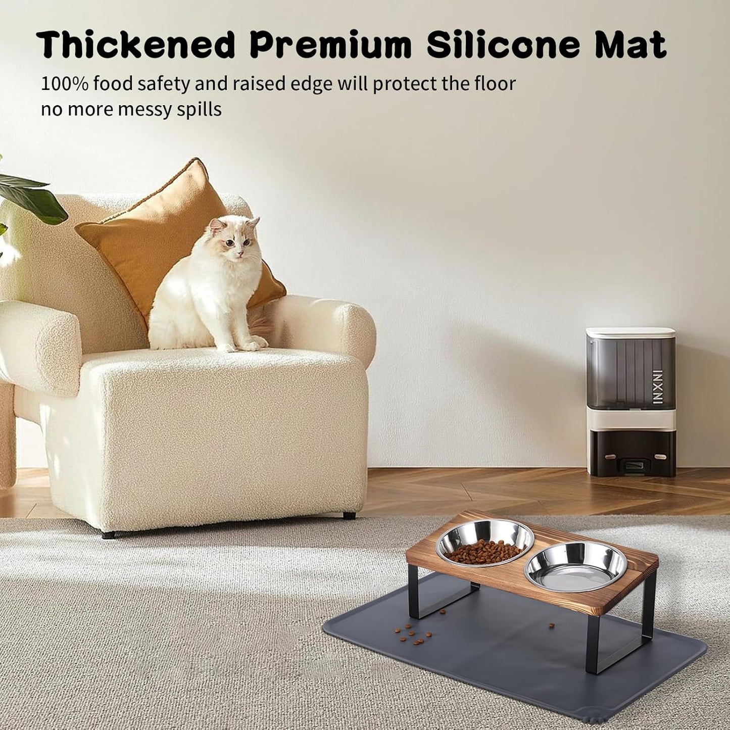 Upgraded Elevated Cat Bowls with Food Mat,15°Tilted Stand Anti Vomiting Raised Cat Dishes for Food and Water,2 Stainless Steel Bowls for Cats and Puppy(Rustic Brown)