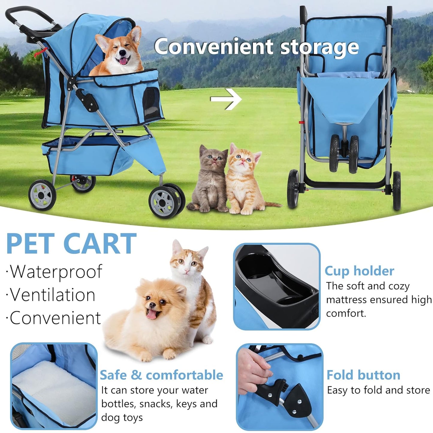 Dog Stroller,3 Wheels Travel Folding Pet Stroller for Small Medium Dog Cat Jogger Stroller with Storage Basket Removable Liner Blue