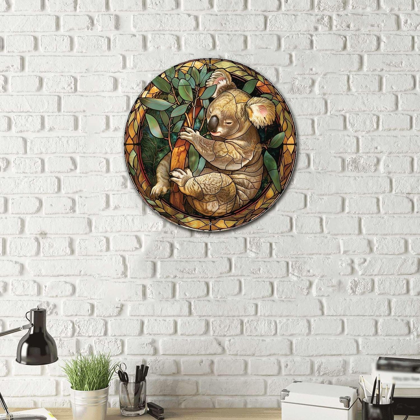 Lygond Metal Sign Tin Sign Circular Stained Glass Koala Tin Signs Gardening for Pub 12×12 Inches