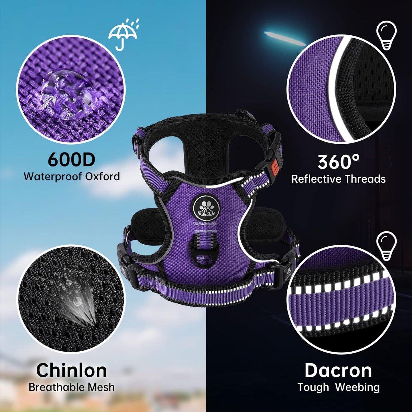 NESTROAD No Pull Dog Harness,Adjustable Oxford Dog Vest Harness with Leash,Reflective No-Choke Pet Harness with Easy Control Soft Handle for Large Dogs(X-Large,Purple)