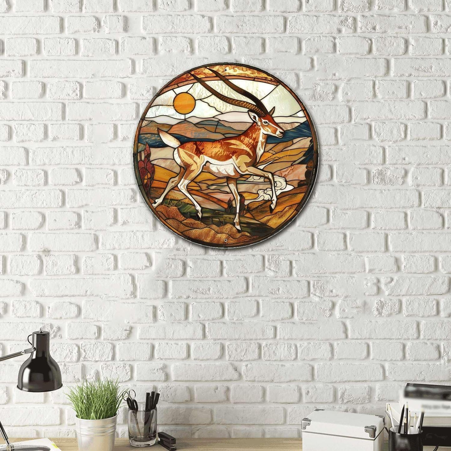 Lygond Metal Sign Tin Sign Circular Stained Glass Pronghorn Bar Signs For Home Bar For Restaurant 8×8 Inches