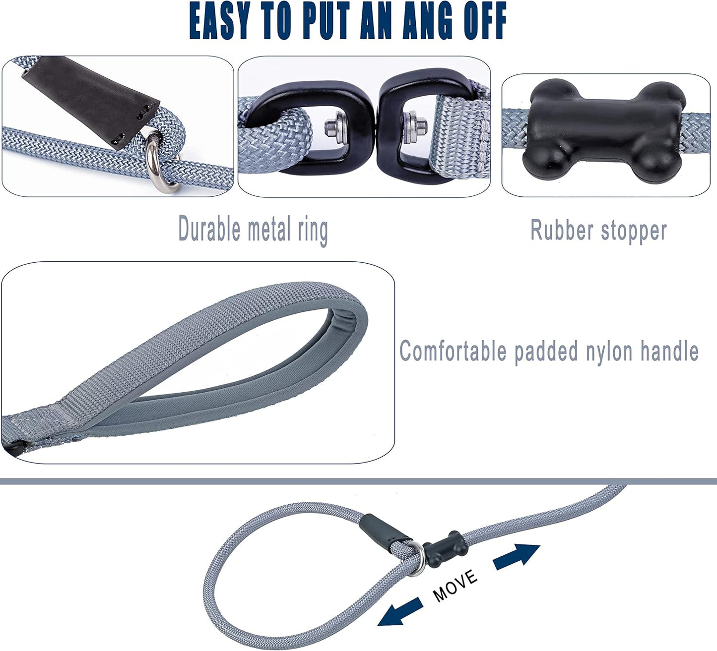 Slip Lead Dog Leash,Strong Nylon Rope Leash and Padded Handle,No Pull Outdoor Walking Training Lead for Small Medium Large Dogs (Grey,1/2"×4ft)