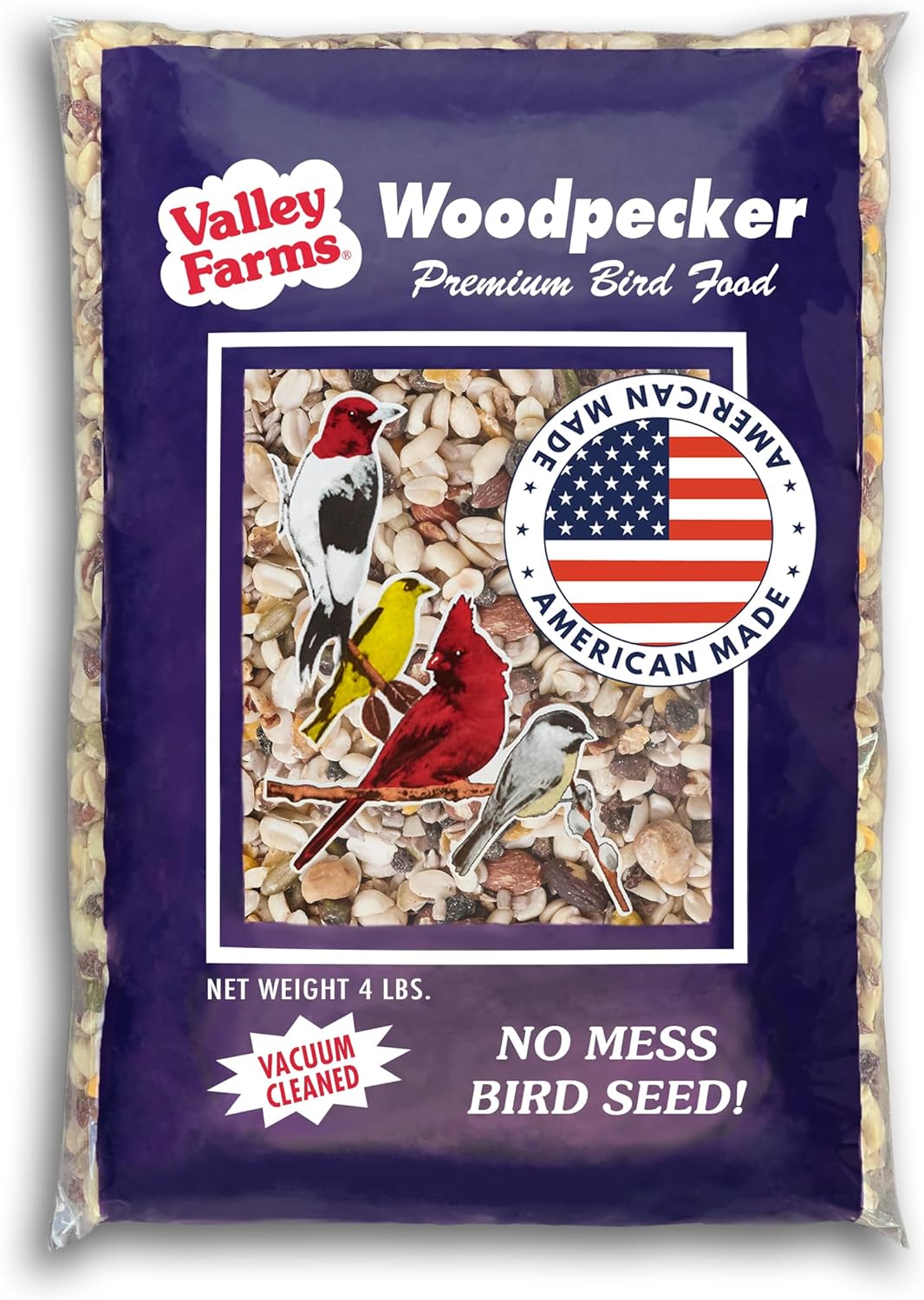 Valley Farms Woodpecker Mix, No Mess Bird Seed for Outdoor Feeders, W/Peanuts and Sunflower Hearts for Birds, Woodpecker Food, Attract All Bird Species (4 LBS)