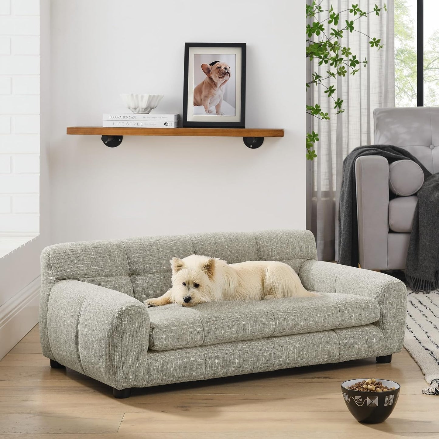 Dog Couch Bed, Mini Sofa for Dogs with Backrest and Armrest, Durable Pet Sofa with Soft Foam Cushion, Elevated Dog Couch Bed with Legs for Medium and Large Dogs, Beige