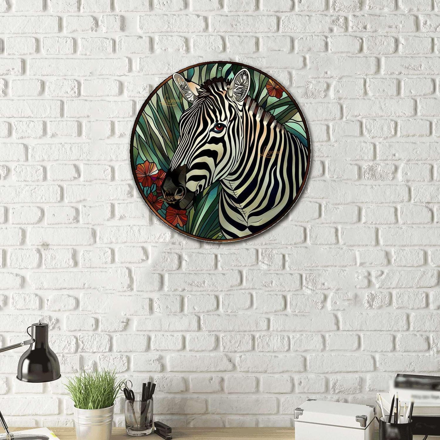 Lygond Metal Sign Tin Sign Circular Stained Glass Zebra Decor Outdoor for Garden 12×12 Inches