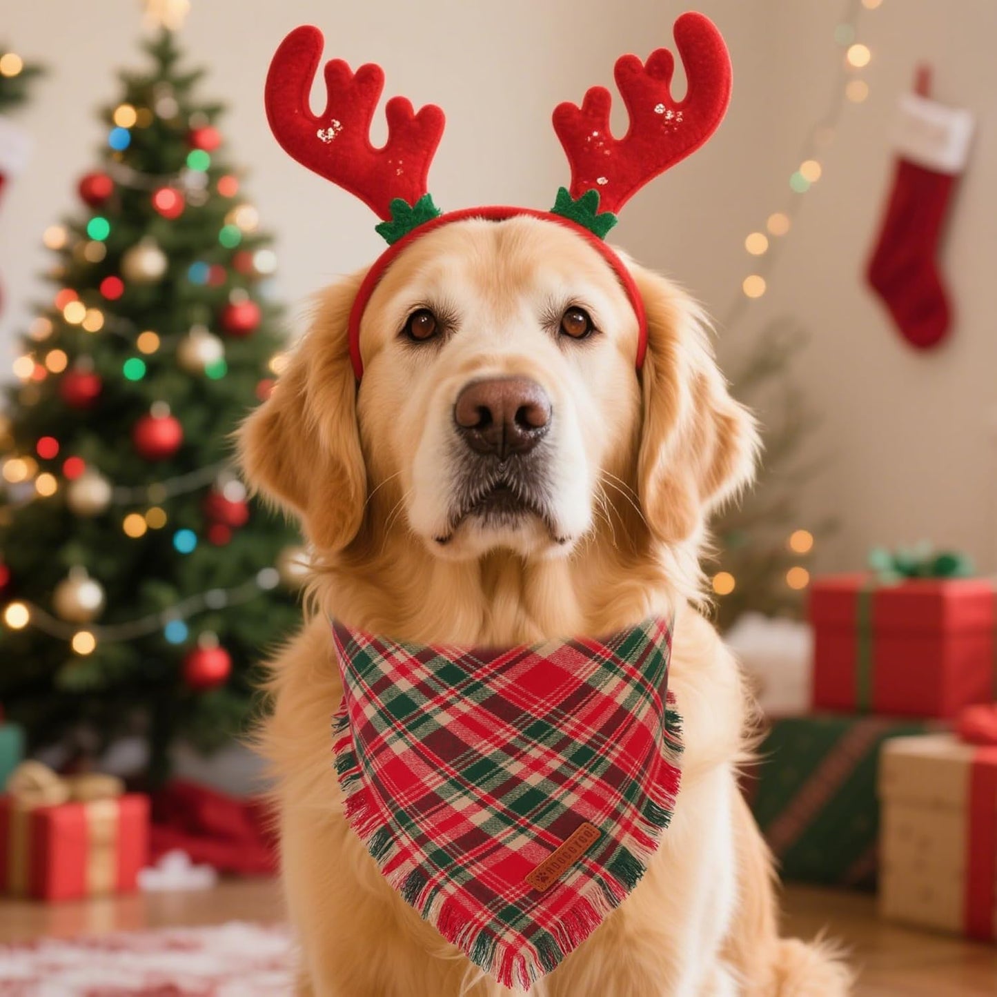 ADOGGYGO Christmas Dog Bandanas with Tassels Edges, Stylish Red Plaid Xmas Scarf, Multiple Sizes, Christmas Bandanas for Extra Large Dogs (X-Large)