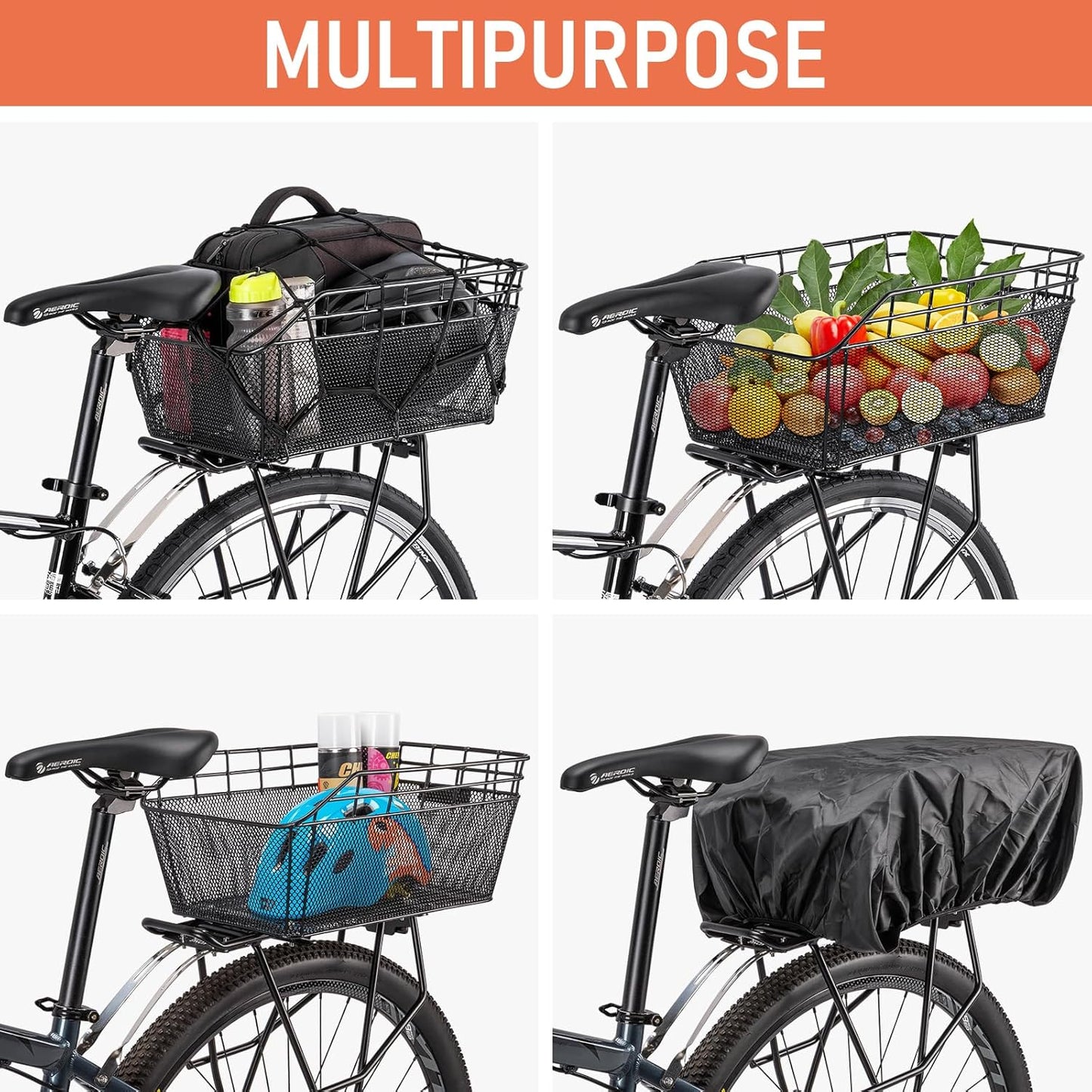 Rear Bike Basket - Large Bicycle Rear Basket with Cargo Net and Waterproof Cover, Wire Bike Baskets Rear Large Capacity (NO Bike Rack Include)