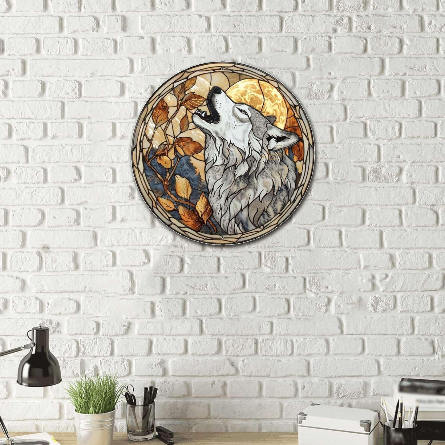 Lygond Metal Sign Tin Sign Circular Stained Glass Gray Wolf Funny Outdoor Decor for Gift 8×8 Inches