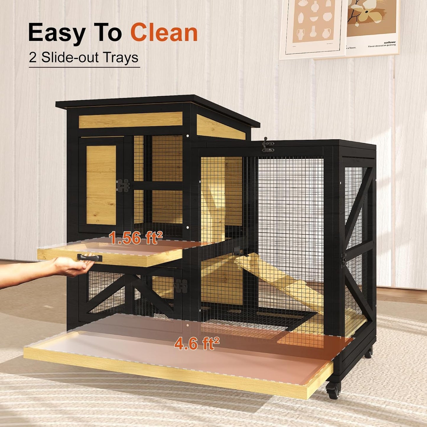 40'' Rabbit Cage Bunny Cage Indoor, Outdoor Rabbit Hutch for Small Animals, 2-Story Wooden Guinea Pig Cages with Wheels & 2 Deeper No Leak Trays, Waterproof Openable Roof & Bottom Wire Mesh