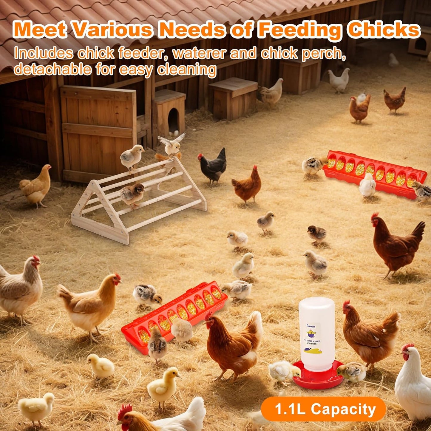 Pawaboo 6-in-1 Chicken Brooder Box for Chick Starter Kit, Includes Pet Cage Tent, Brooders Heating Plate, Chicks Perch, Feeder and 1.1L Chick Waterer, Baby Chicks Supplies (Brooder Set)