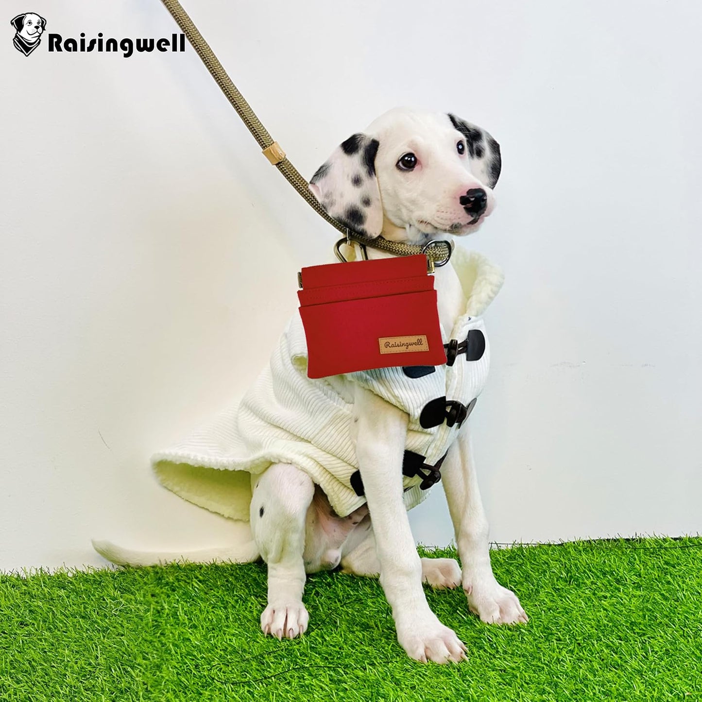 Dog Treat Pouch, Red Pocket Sized Pet Training Pouch, Cotton Fabric, Hand Free Dog Walking Bag with Carabiner, Self-Closing Pet Feed Snack Reward, for Puppy Travel or Outdoor Use