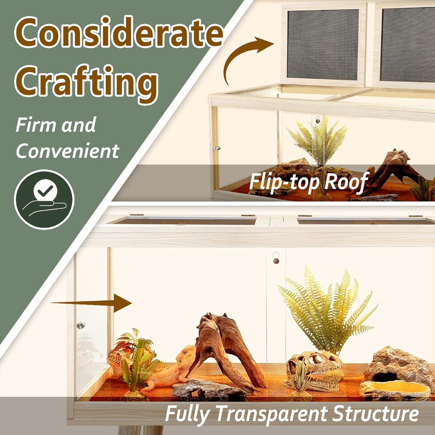 PROLEE Tempered Glass Reptile Enclosure with Leg,40“ Scratch-Proof Bearded Dragon Tank,62 Gallon Lizard Tank with Metal Mesh Tops and Lockable Door,Spacious Reptile Habitat for Snake,Lizard (Oak)