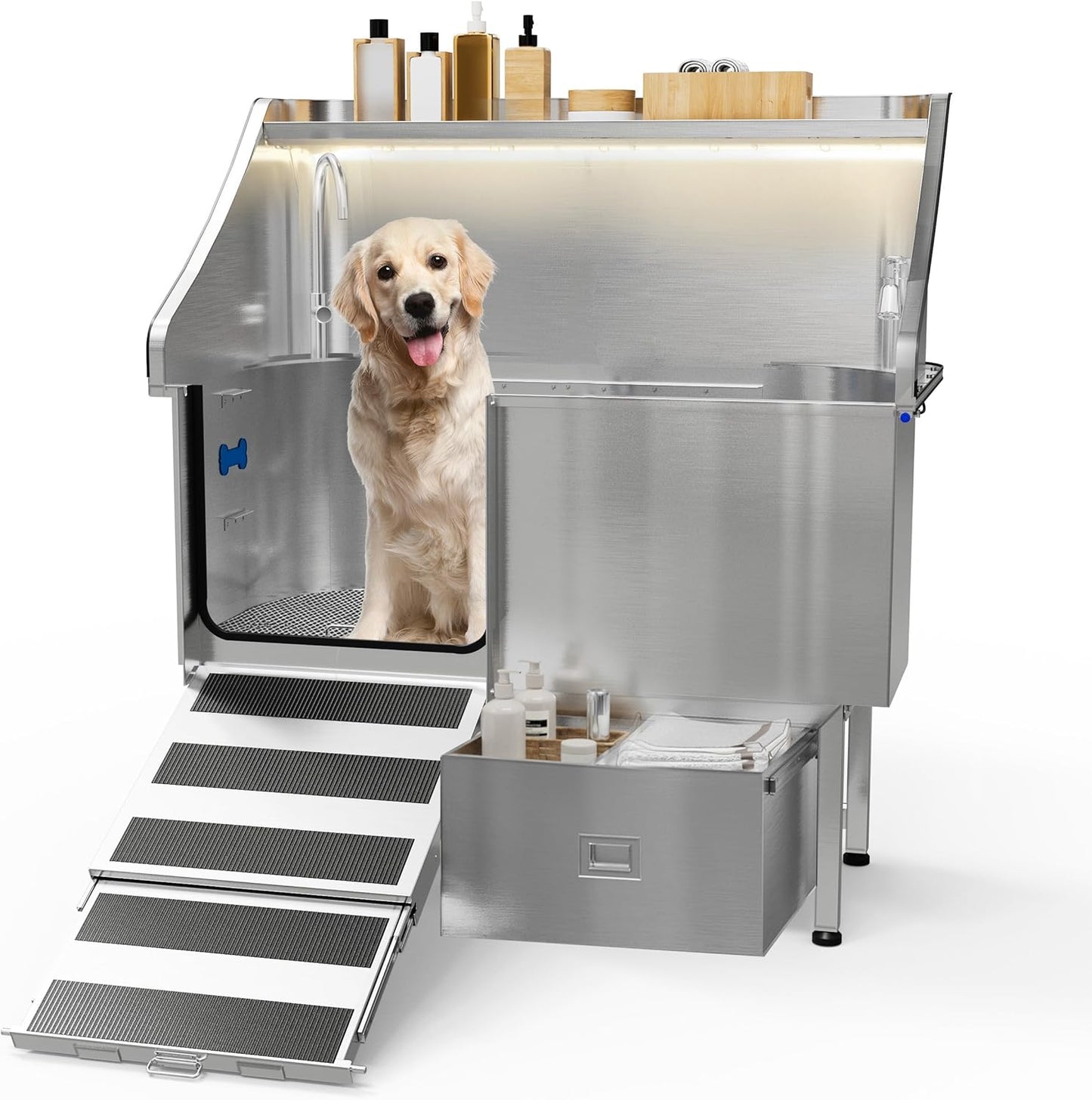 50'' Dog Washing Station - 304 Stainless Steel, LED Dog Bathing Station with Ramp, 2 Drawer, Floor Grate & Lick Pad for Large, Medium & Small Dogs