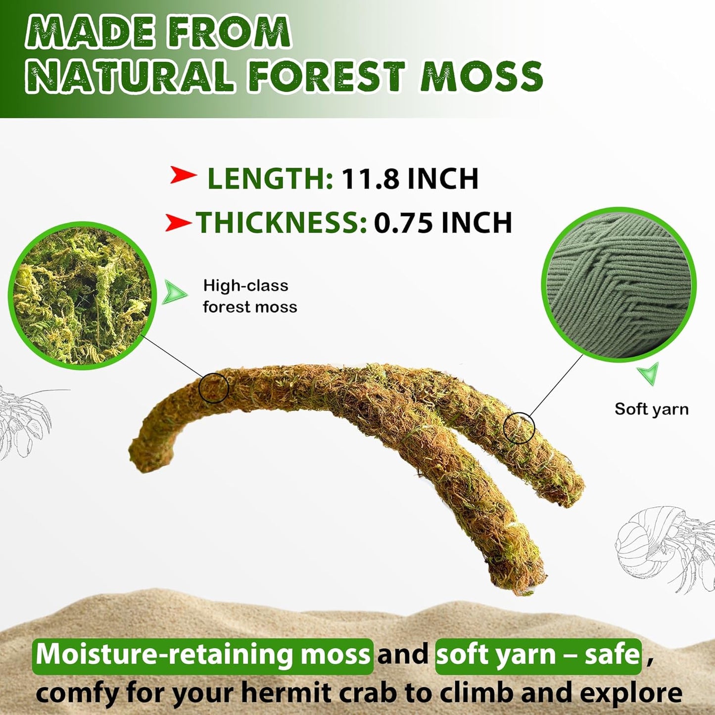 Duspro Hermit Crab Climbing Toys โ Y Shaped Flexible Moss Pole Wrapped in Soft Yarn and Forest Moss, Hermit Crab Accessories and Easy-to-Use Hermit Crabs Supplies โ Perfect for Climbing (12 inches)