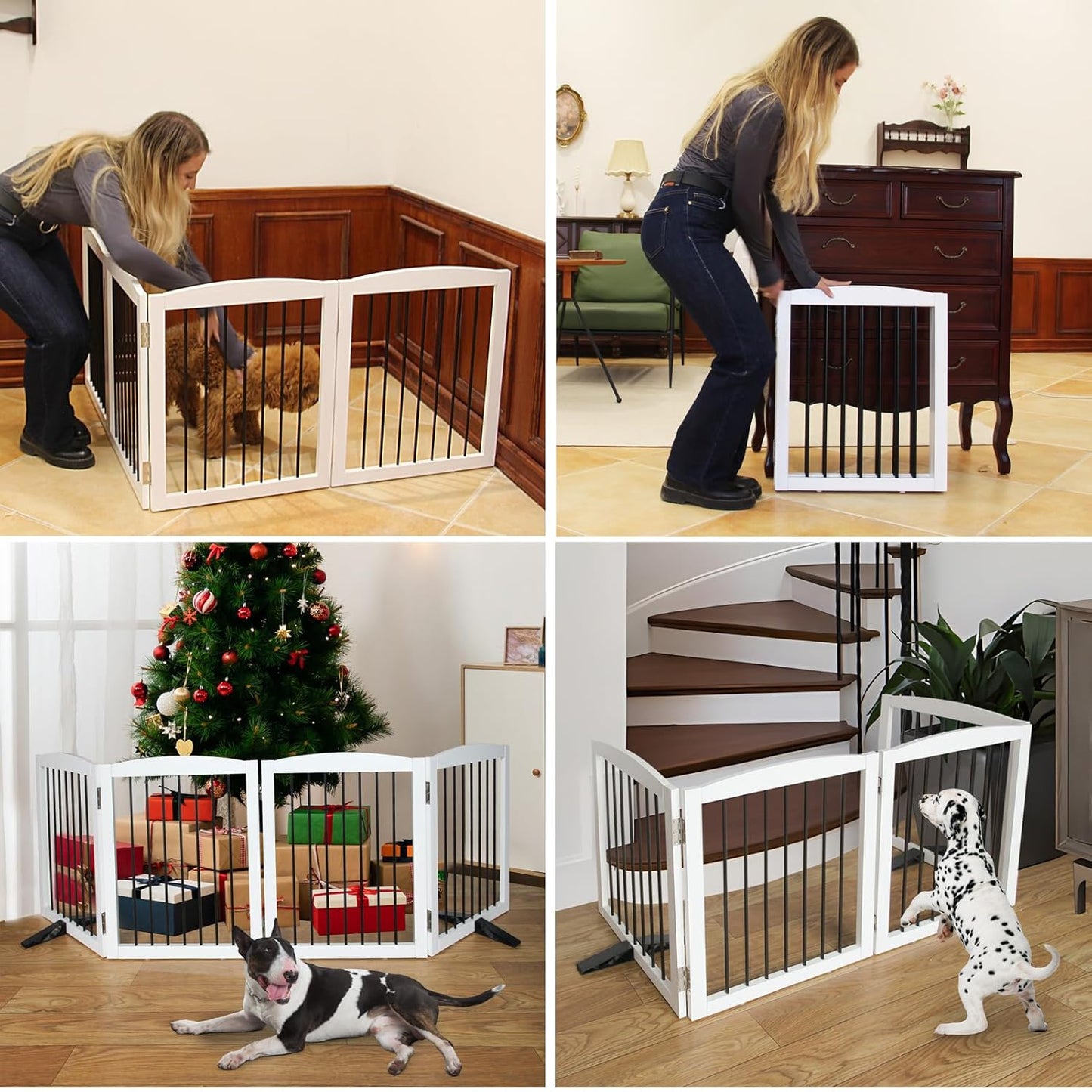 Freestanding Panel Dog Gate for Indoor, Doorways, Stairs, or Hallways - Foldable Wooden Pet Fence With Support Feet - 24" Height, 4 Panels, White