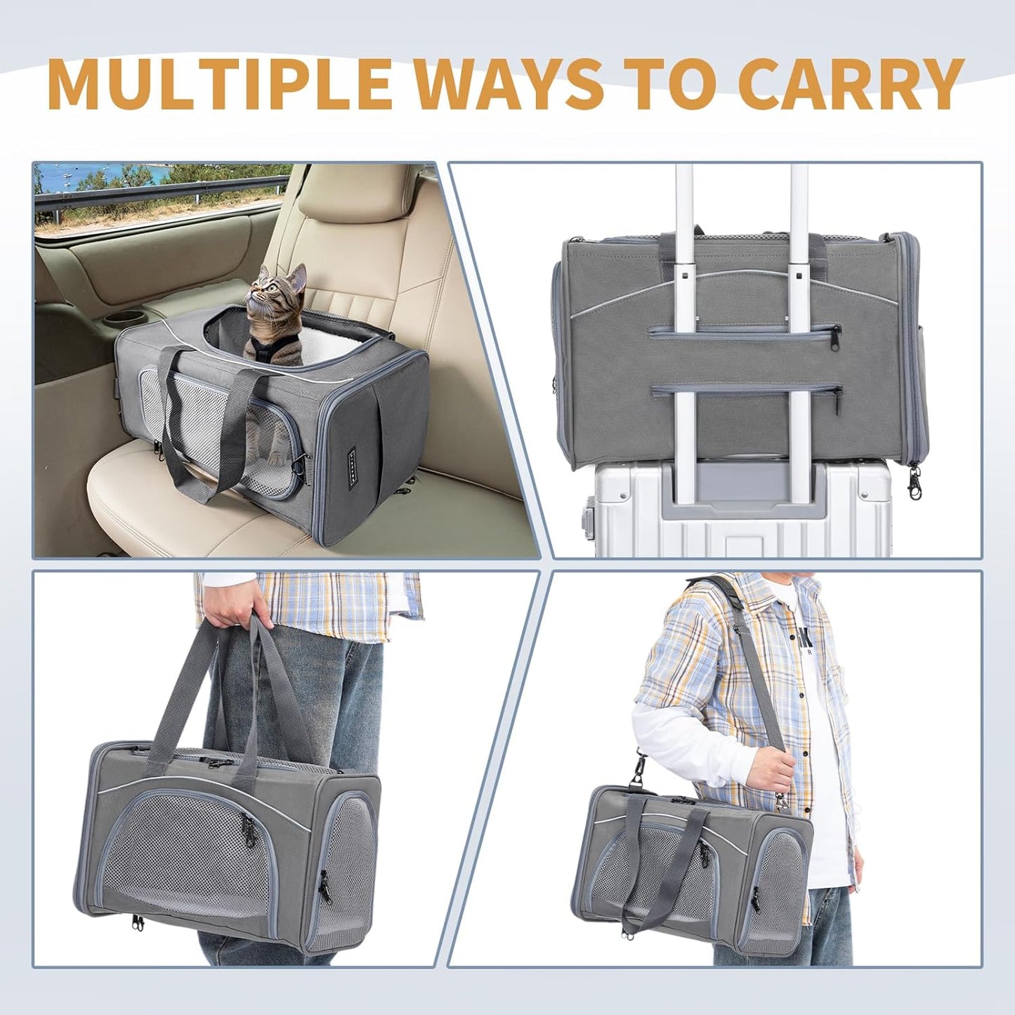 Petsfit Airline Approved Pet Carrier for Small Cats, 16.5x8.6x11 TSA Approved Carrier, with Removable Dual-Sided Padding (2-Way Placement) - Fits Under Most Airplane Seats, Escape Proof (Gray)