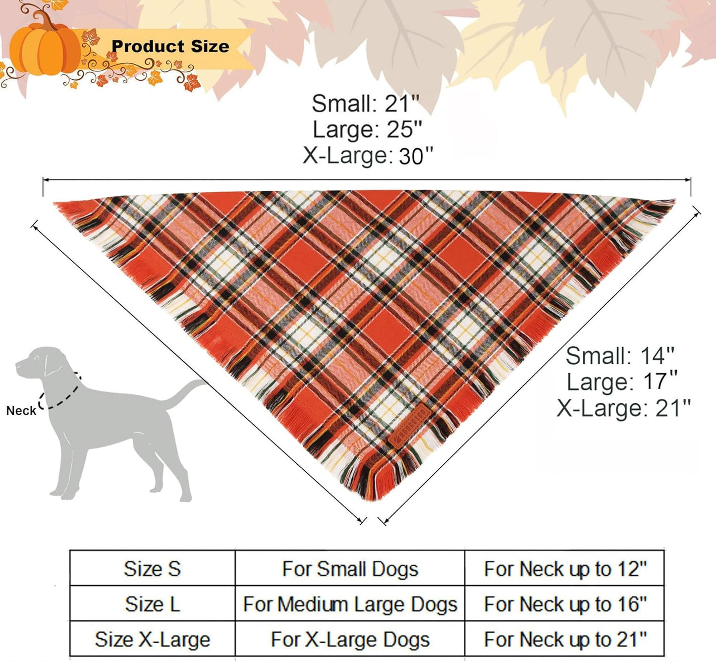 ADOGGYGO Fall Dog Bandana with Tassels Edges, Stylish Orange Plaid Pet Scarf, Multiple Size, Thanksgiving Halloween Fall Bandanas for Small Dogs (Small)