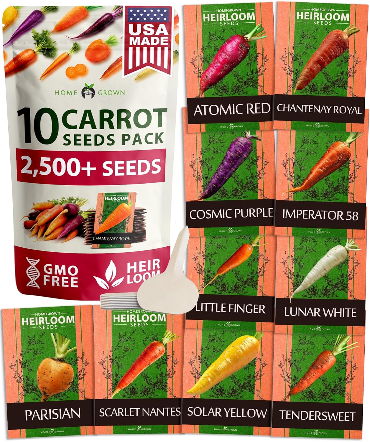HOME GROWN π¨π¦π π£π₯ππ ππ¨π Rainbow Carrot Seeds β 2500+ Heirloom Seeds (10 Varieties) β High Germination, π‘π’π‘-ππ π’ Vegetable Seeds for Planting Indoors or Outdoor Home Garden