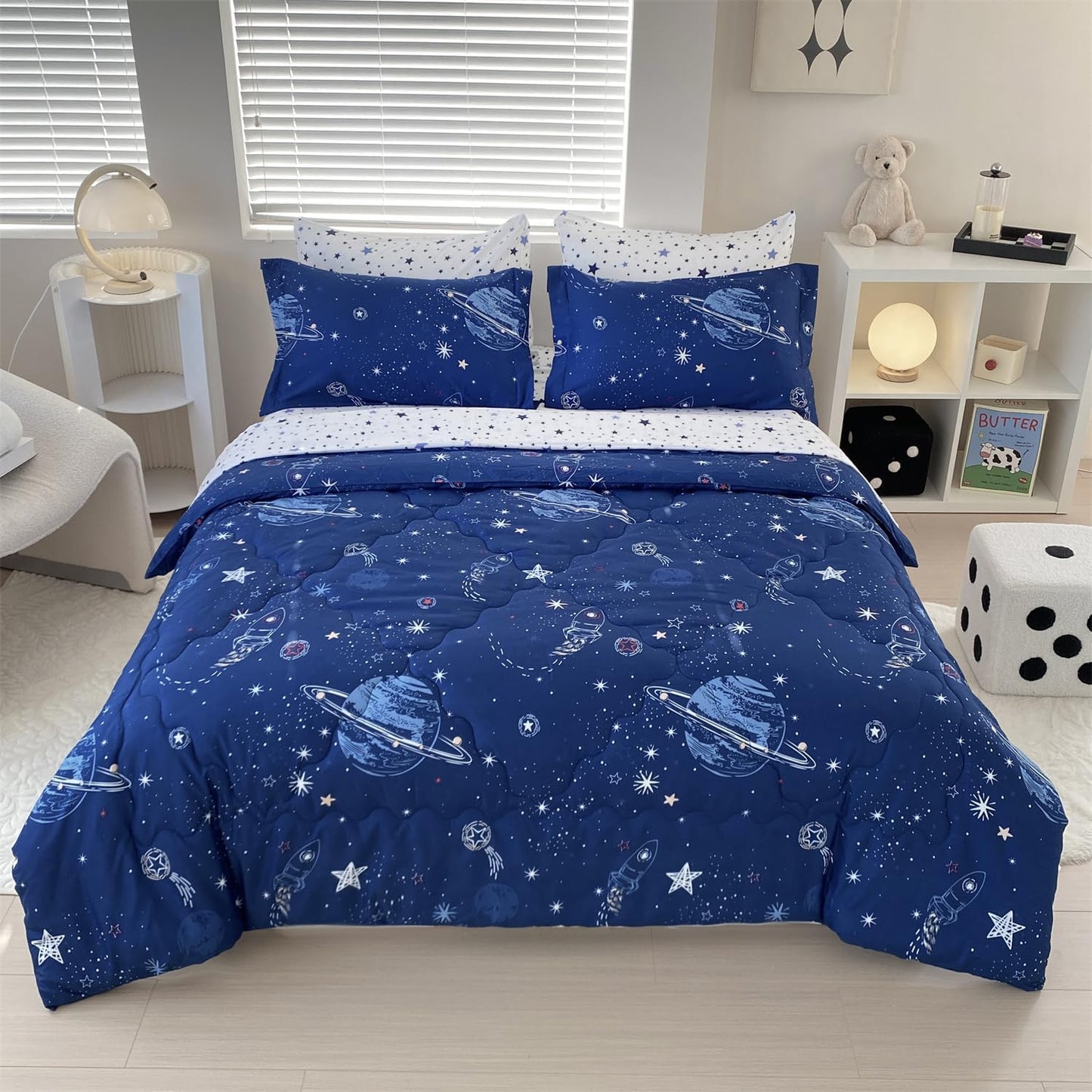 7 Piece Boys Space Comforter Set Full Size Bed in A Bag Star Rocket Galaxy Universe Planets Bedding Set for Kids Teens Girls Microfiber Blue Quilt All Season