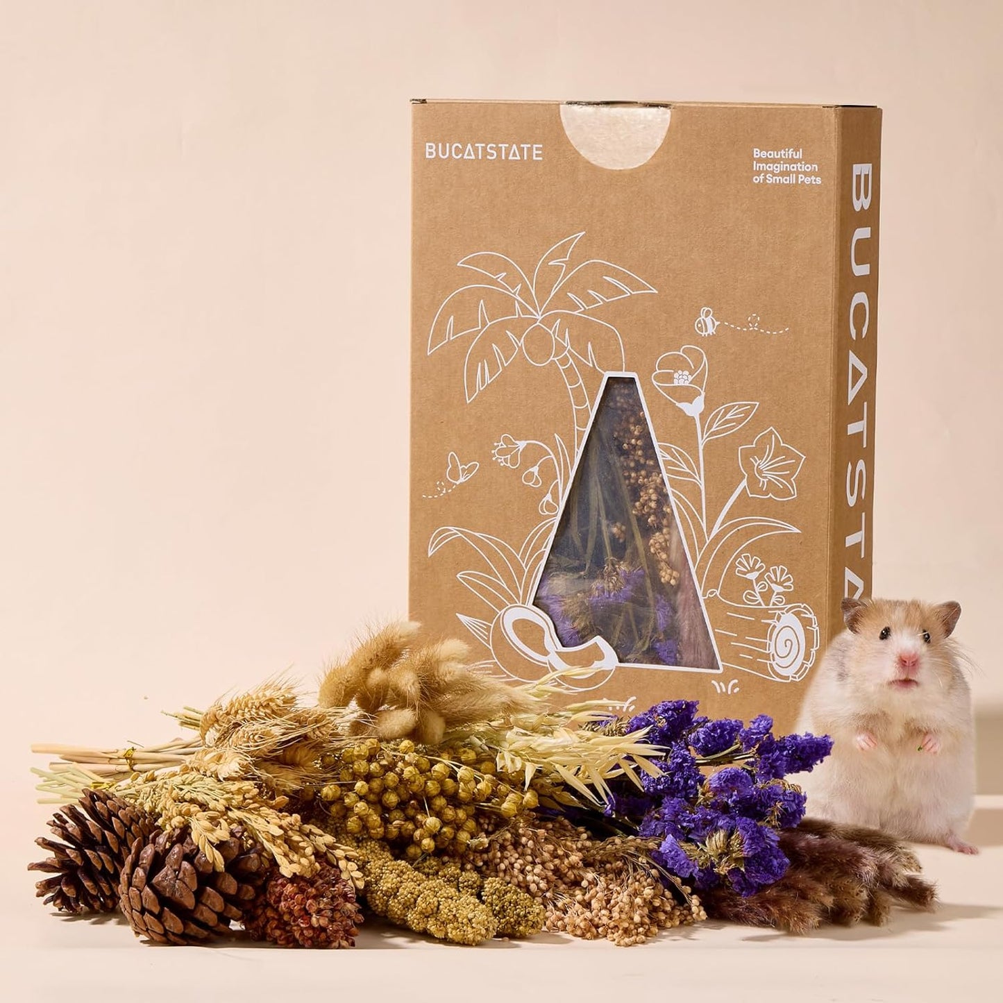 BUCATSTATE Natural Hamster Bedding - Flowers & Herbs & Sprays for Cage Habitat Decor - Treat Cereal Grain for Dwarf Syrian Gerbils, Mice, Rat, Forage, Enrichment (58PCS)