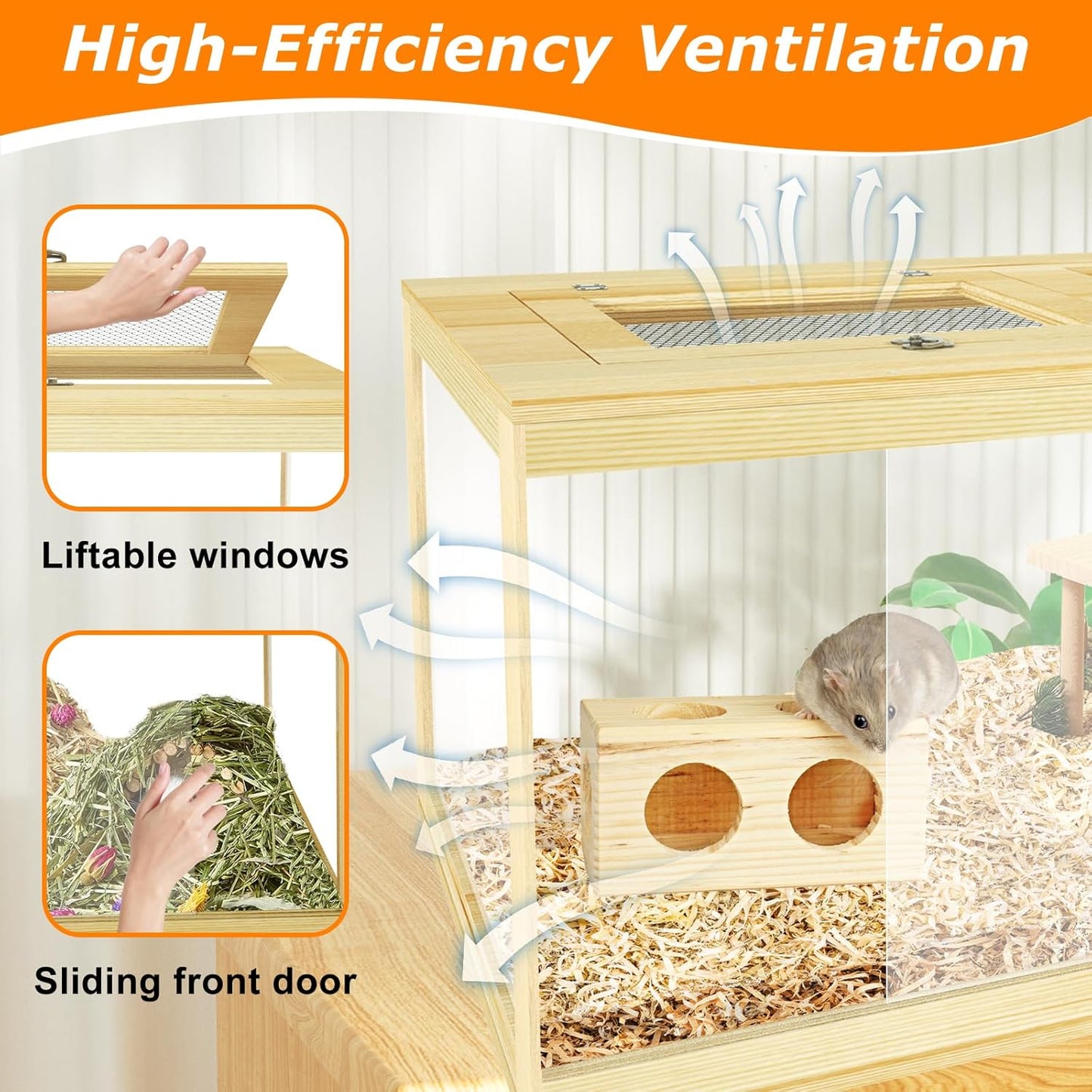Large Hamster Cage 48", Front Opening Lockable Sliding Door Gerbil Cage, Dwarf Hamster Cage with Metal Mesh Roof, Chewproof Syrian Hamster Habitat Enclosure, (Wooden, 48" L x 20" W x 20" H)