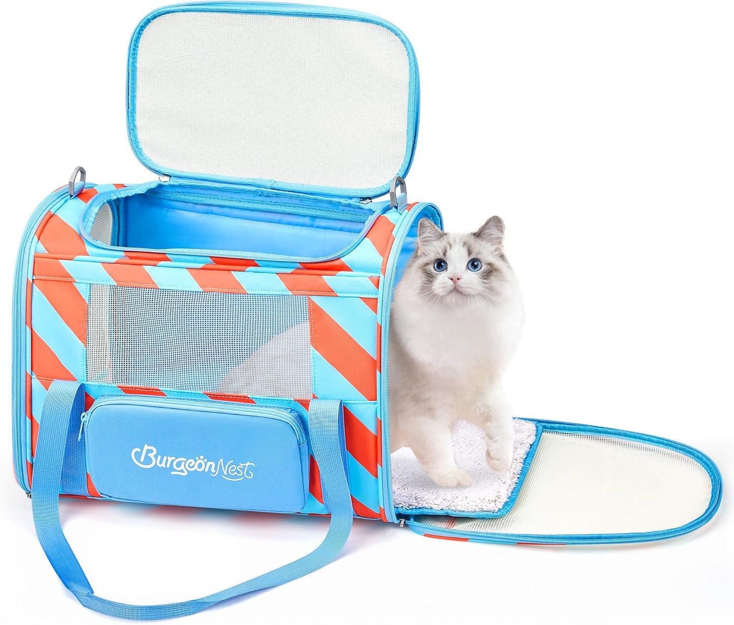 BurgeonNest Cat Carrier, Dog Cat Carriers for Large Medium Cats Under 20 lbs, Soft Sided Pet Carrier, Collapsible Travel Carry Puppy Kitten Cat Carrier with Big Side Bag (Medium, Blue-Orange)